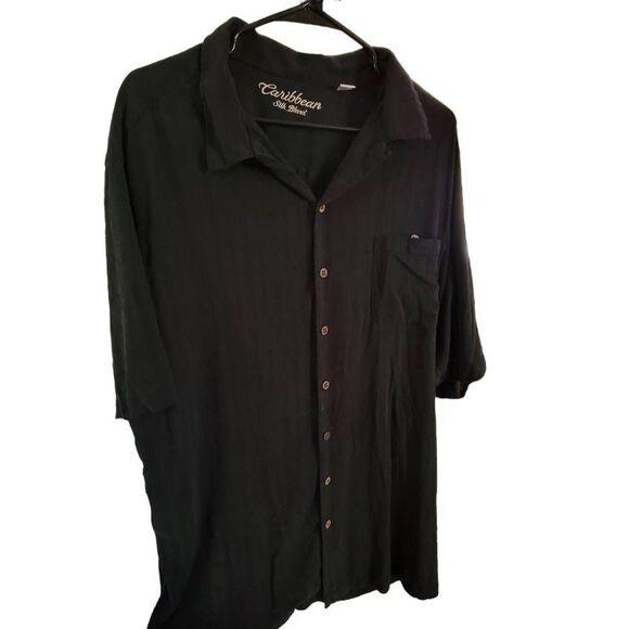 Caribbean Silk Blend Buttondown Black Shortsleeve Shirt XXLT - Picture 1 of 3